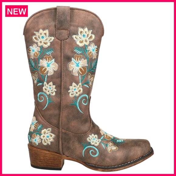 Floral Embroidered Snip Toe Mid Calf Boots Low Heel Casual Western Style